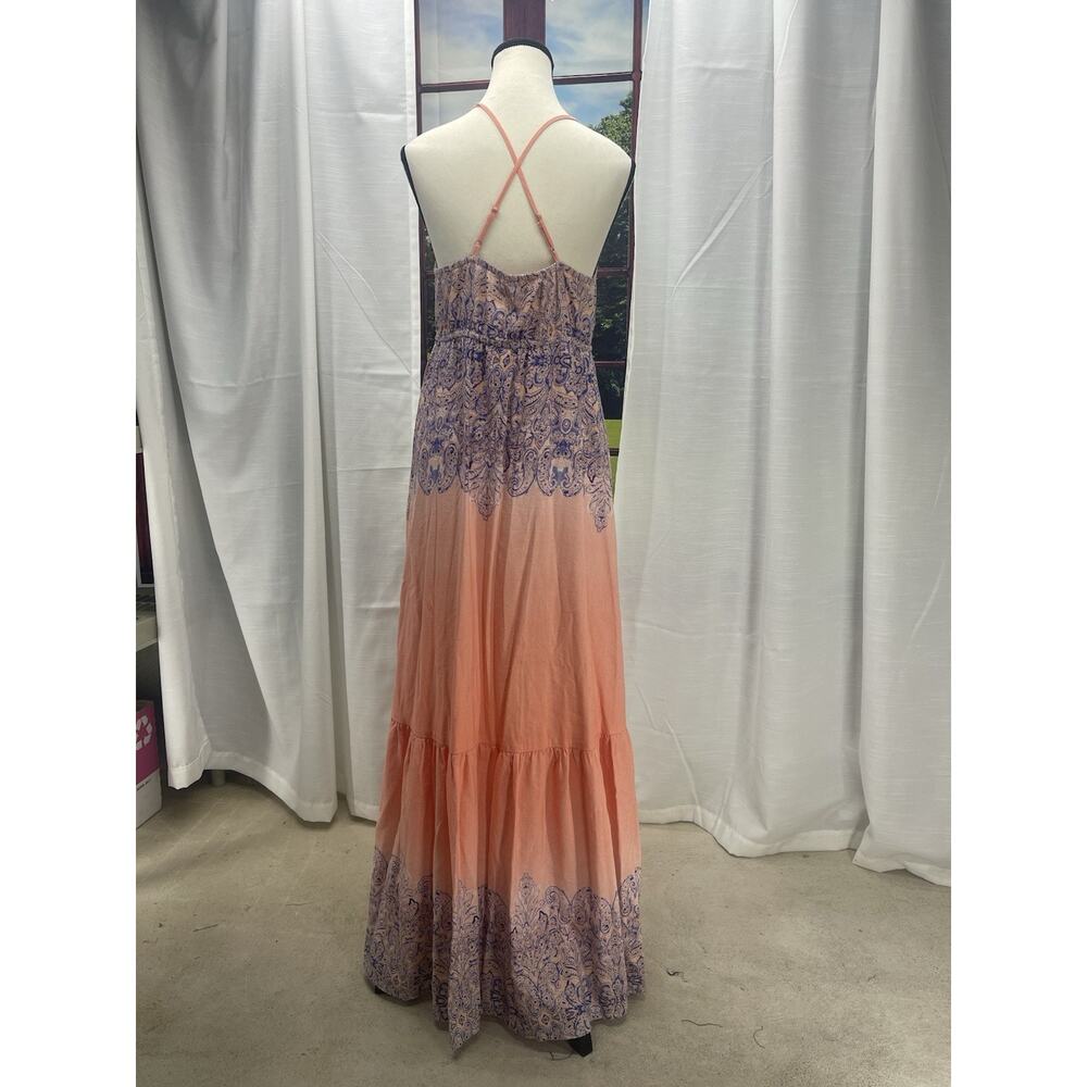 Babydoll flowy Paisley Maxi Dress 12 Boho Resort Tie Front Crossback Coral Blue - Picture 9 of 13